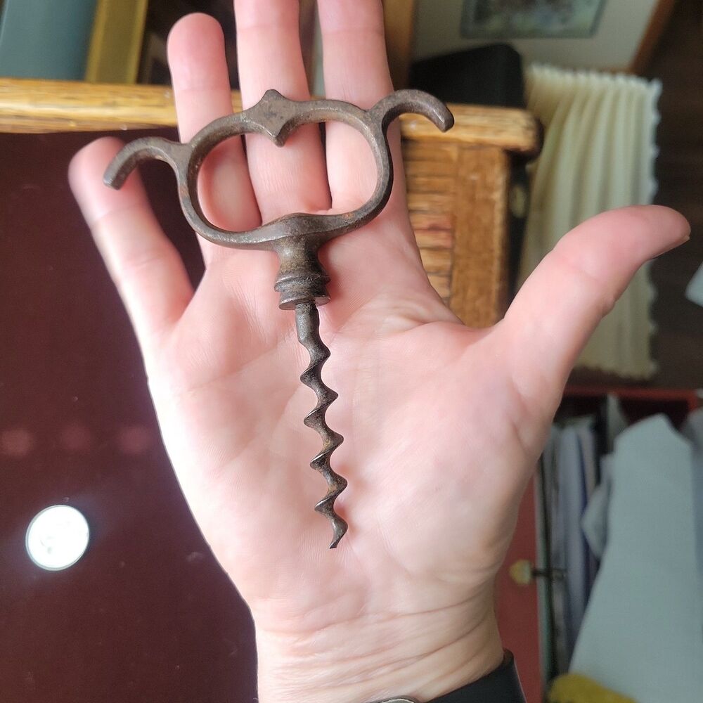 Antique Four Finger Pull Corkscrew Cast Iron Steel Cork Screw 19th Century.